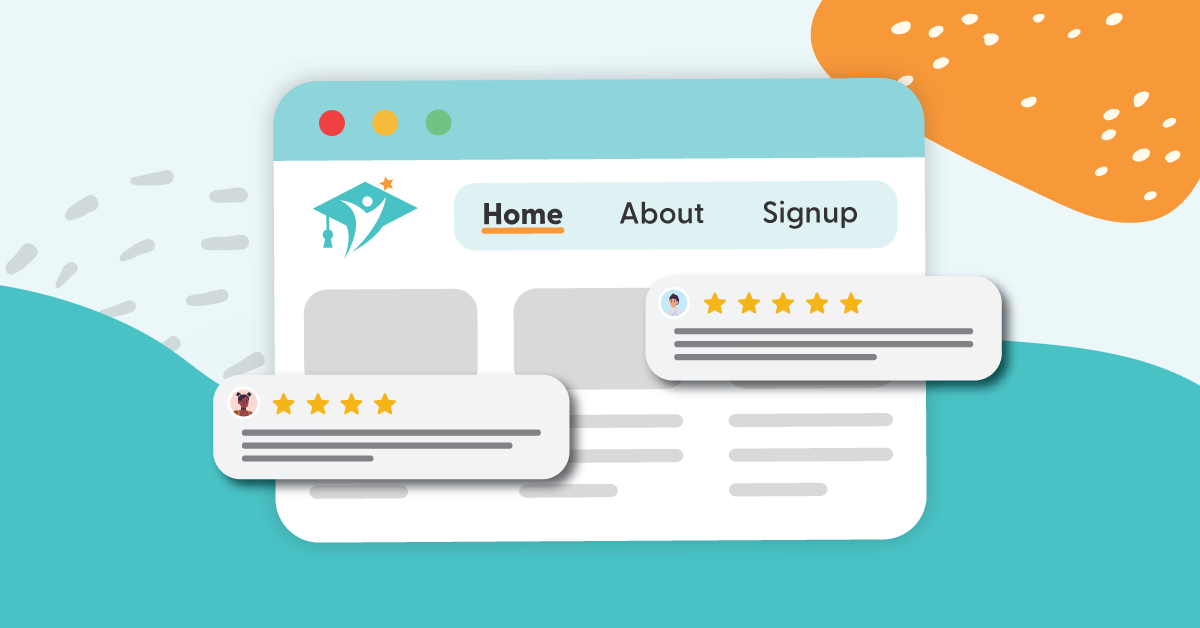 Illustration of a tutoring website interface with student review popups displaying star ratings and testimonials, highlighting tutor reviews and social proof for tutoring businesses.