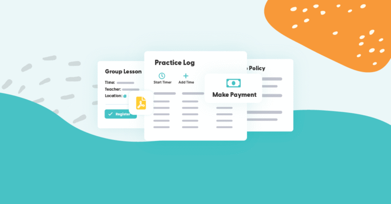 Illustration showing TutorBird’s student portal interface with a checklist, group lessons, and a practice log.