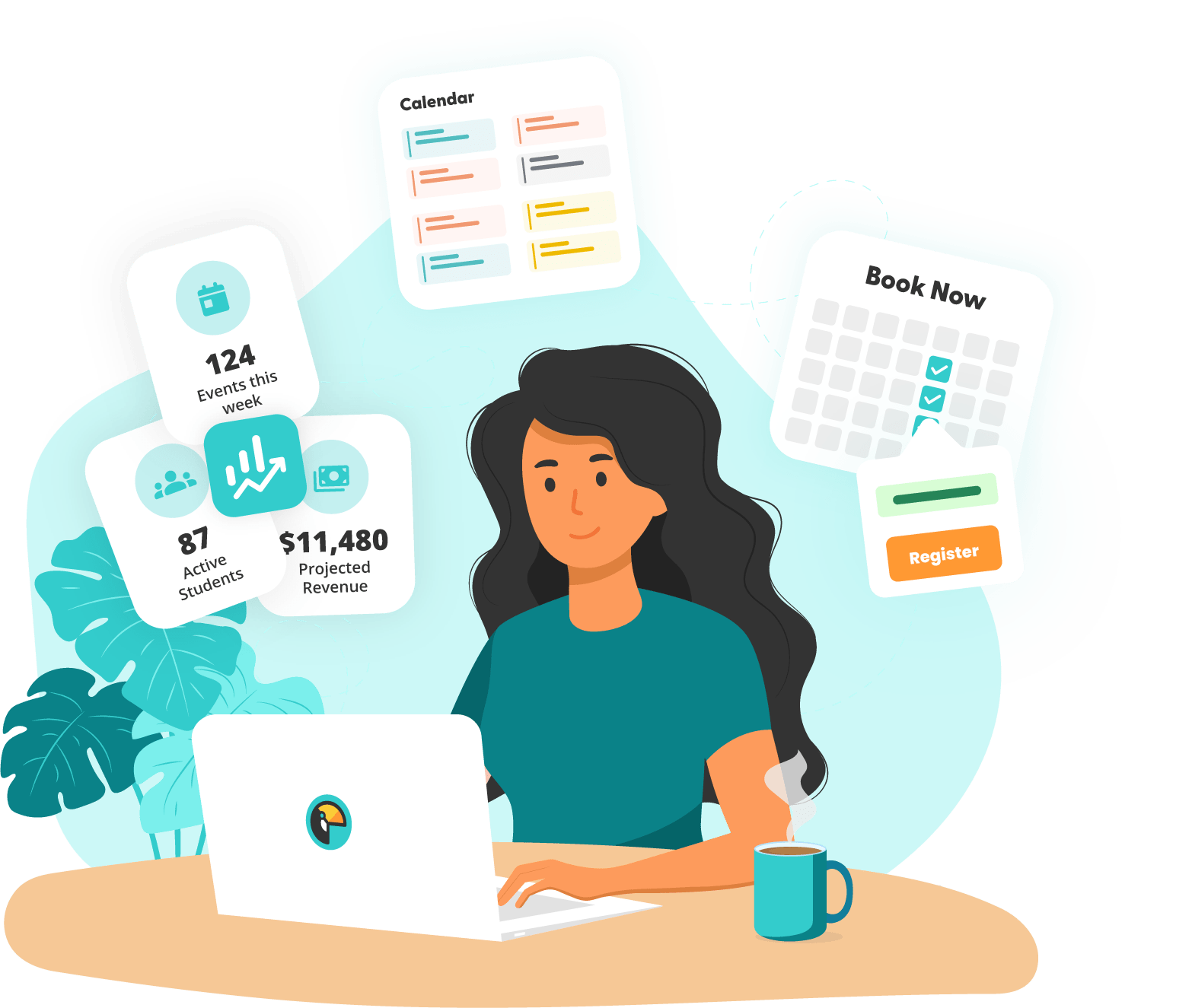 Tutor working at a laptop with floating TutorBird schedule, student, and revenue cards